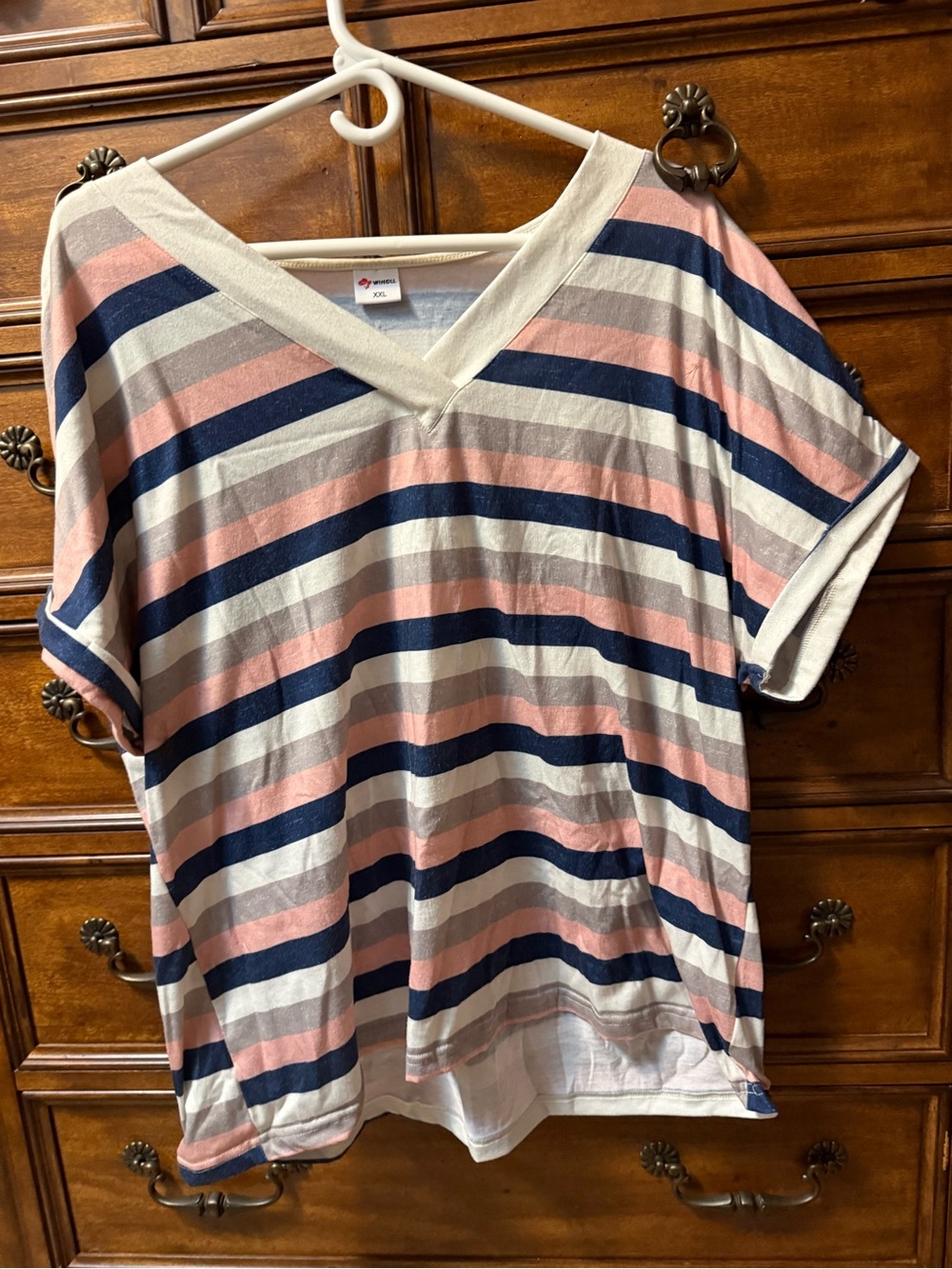 Women’s Striped V-Neck Tee in Pink, Navy, and White